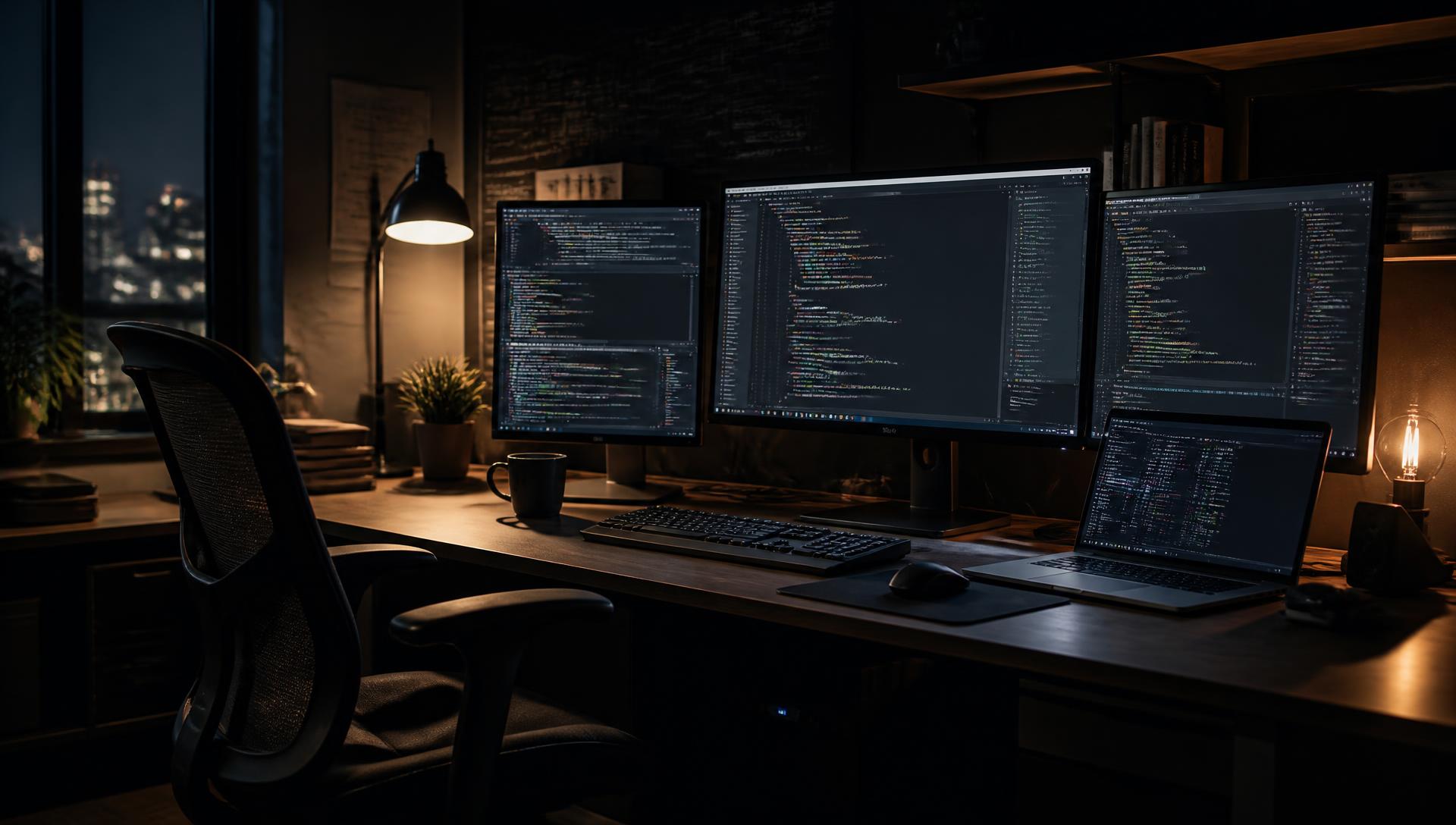 Software development workspace at night with several monitors displaying source code and terminal output