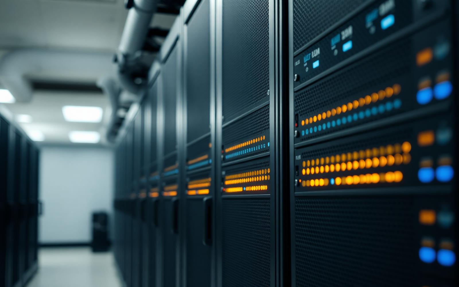 Row of network server cabinets with status indicator lights in a data centre