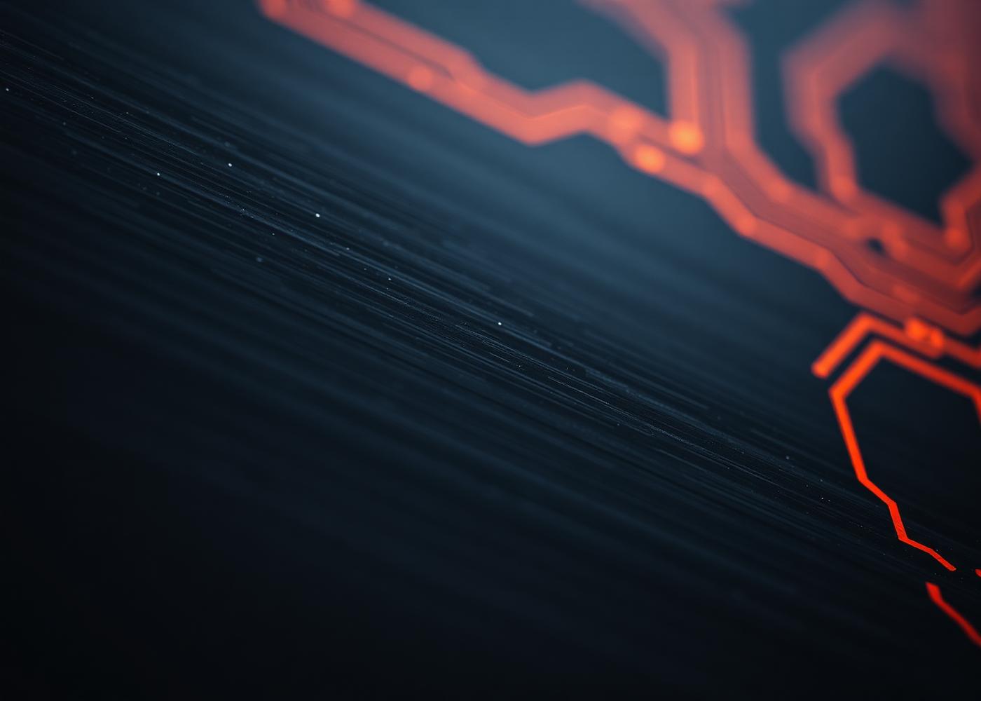 Abstract cybersecurity visual showing illuminated circuit pathways on a dark surface